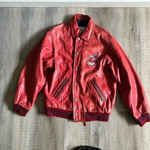 Red Leather Team Logo Bomber Jacket - Men